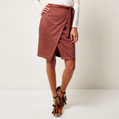 Rust brown faux suede wrap skirt